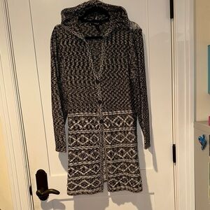 Long Patterned Hooded Cardigan Black and White Knit